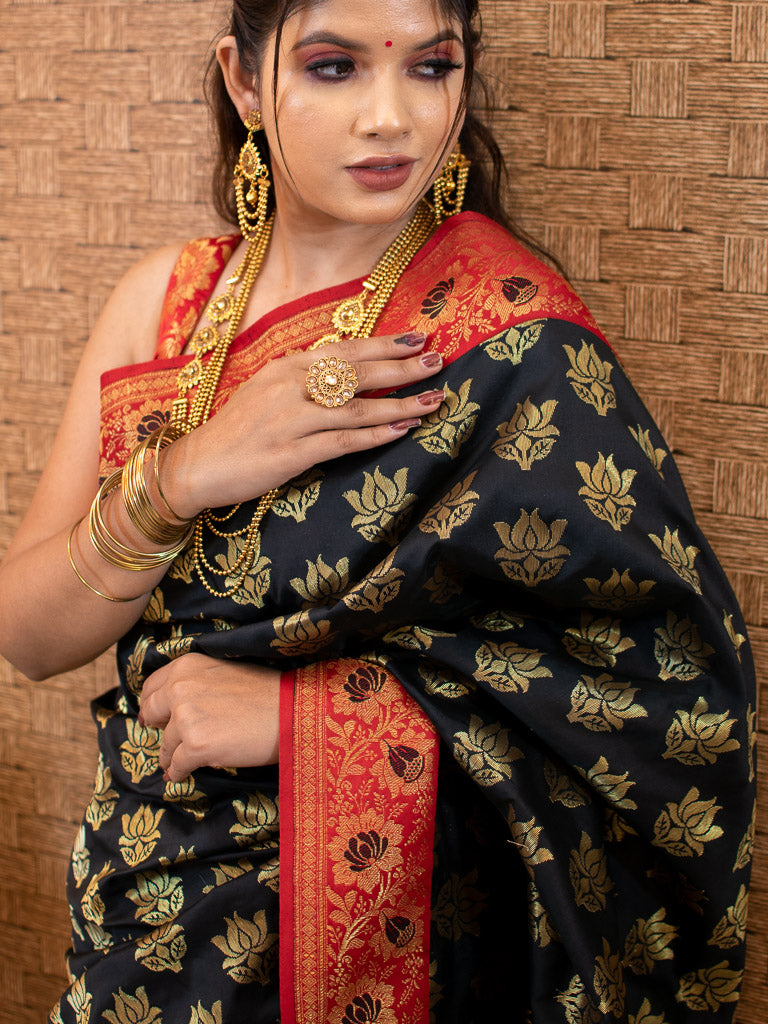 Banarasi Art Silk Saree With Contrast Meena Border-Black & Red