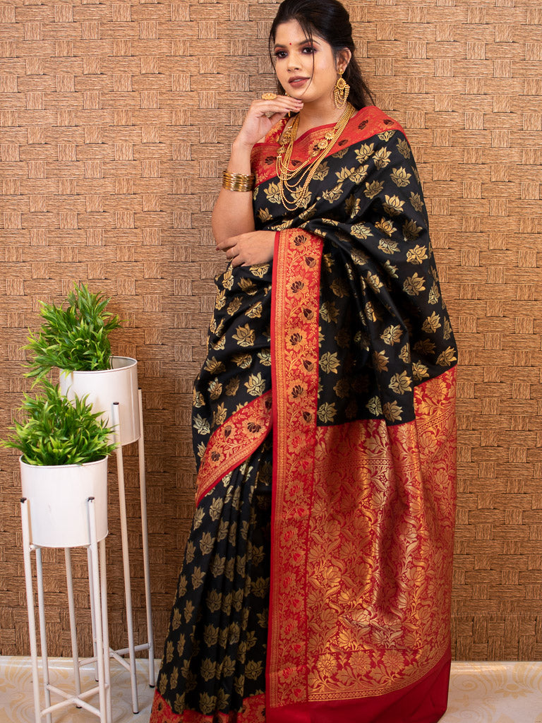 Banarasi Art Silk Saree With Contrast Meena Border-Black & Red