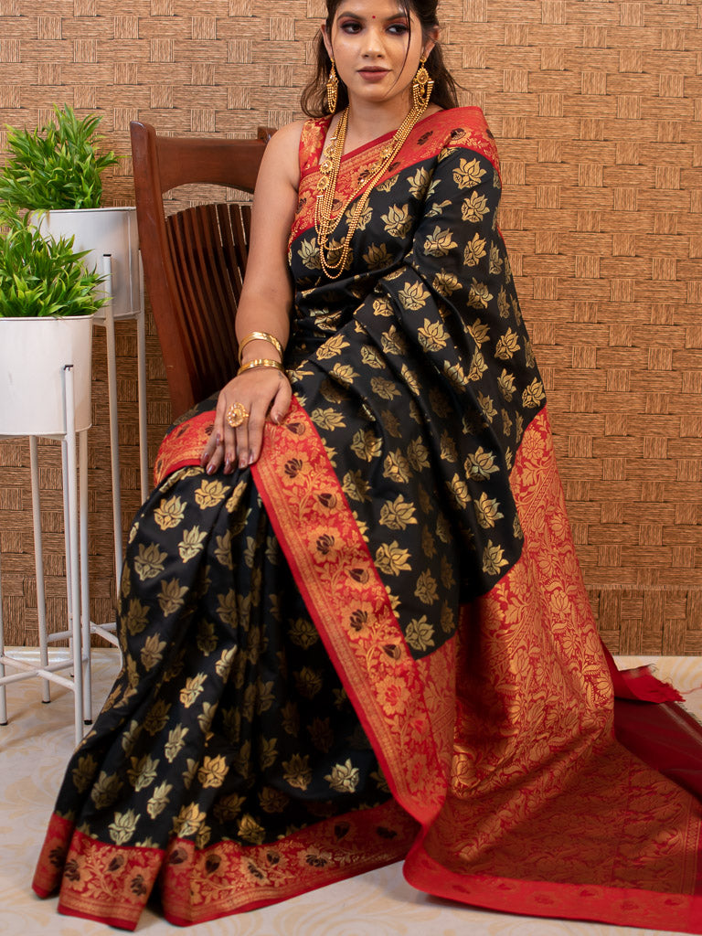 Banarasi Art Silk Saree With Contrast Meena Border-Black & Red