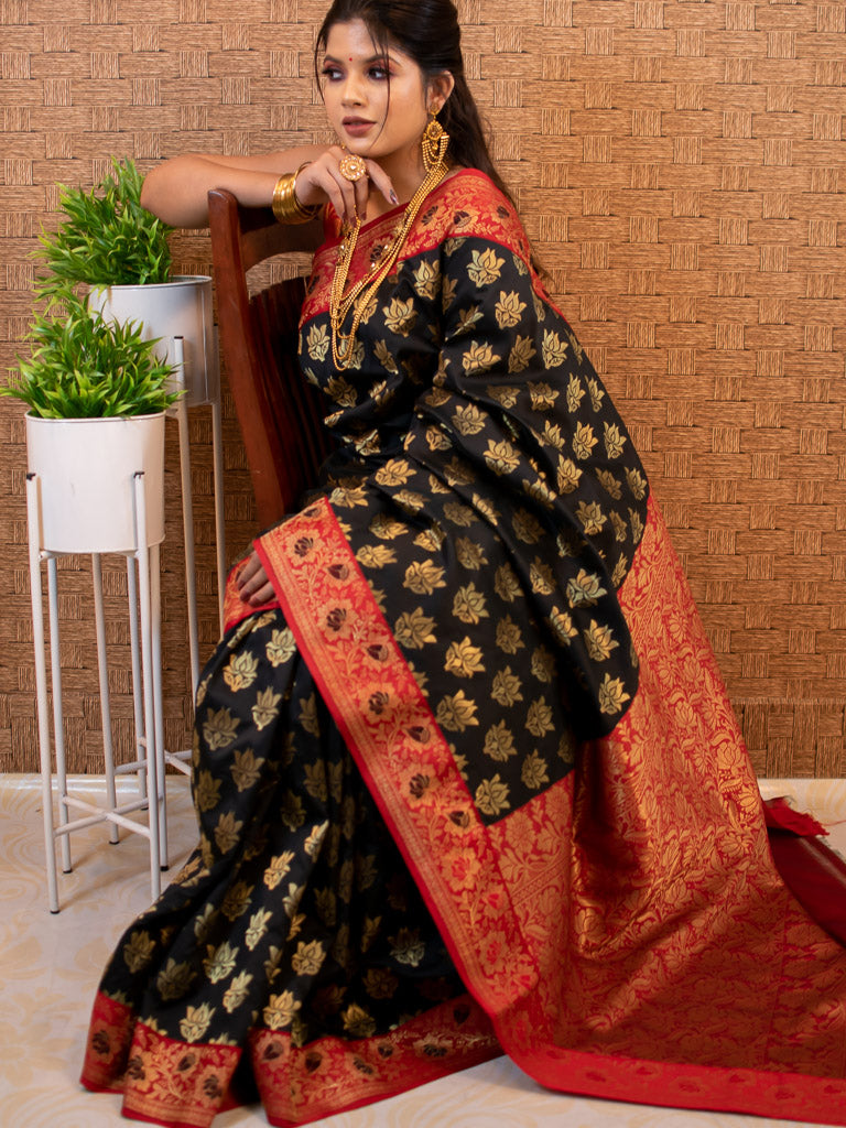 Banarasi Art Silk Saree With Contrast Meena Border-Black & Red