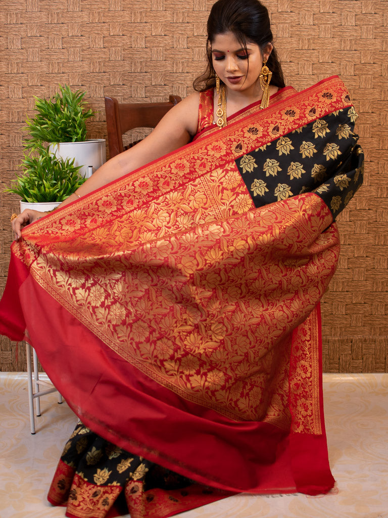 Banarasi Art Silk Saree With Contrast Meena Border-Black & Red