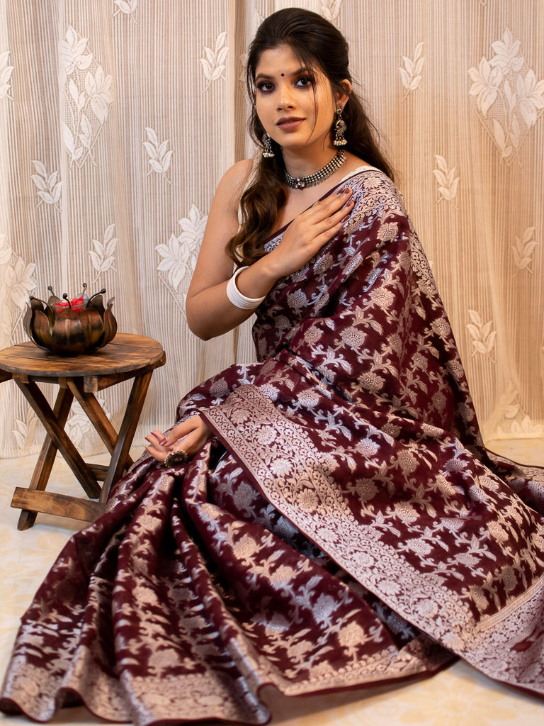 Banarasi Kora Saree With Silver Jaal Zari Weaving-Wine