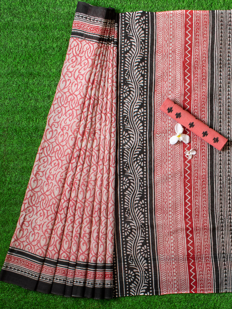 Hand Block Printed Kota Check Saree -White & Red