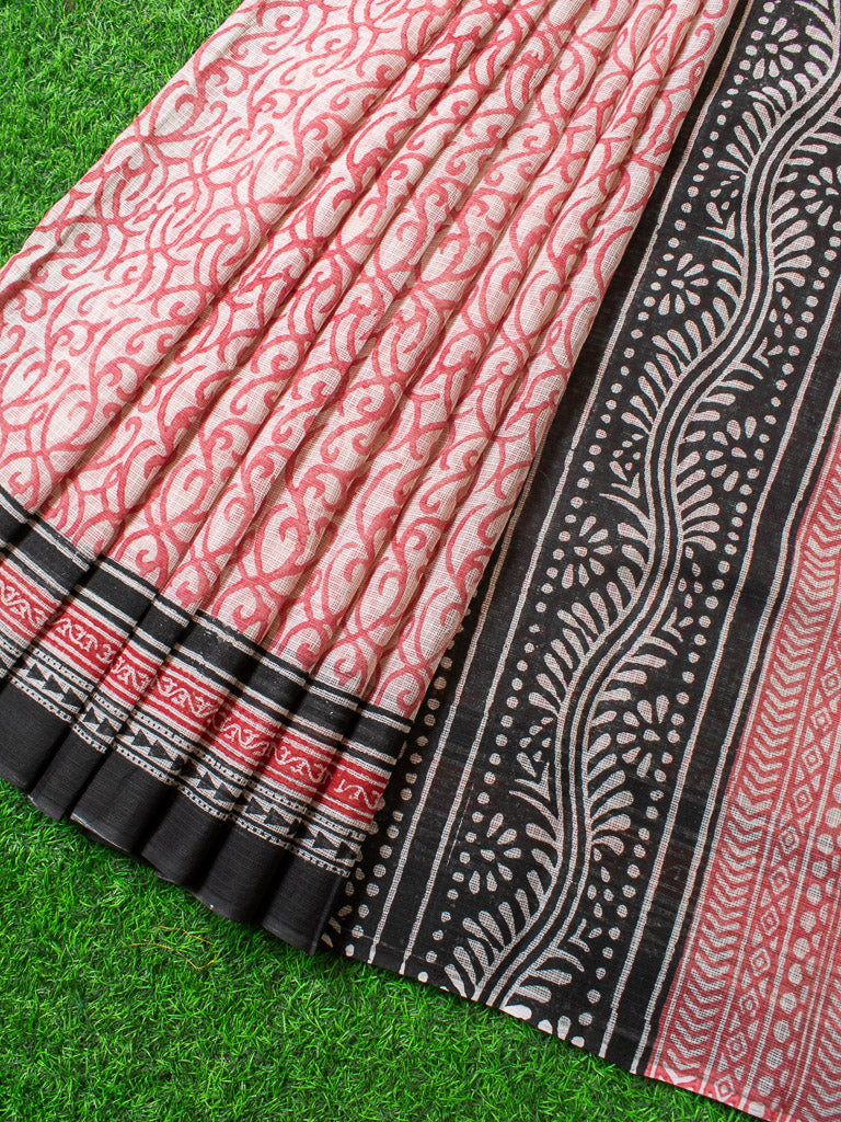 Hand Block Printed Kota Check Saree -White & Red