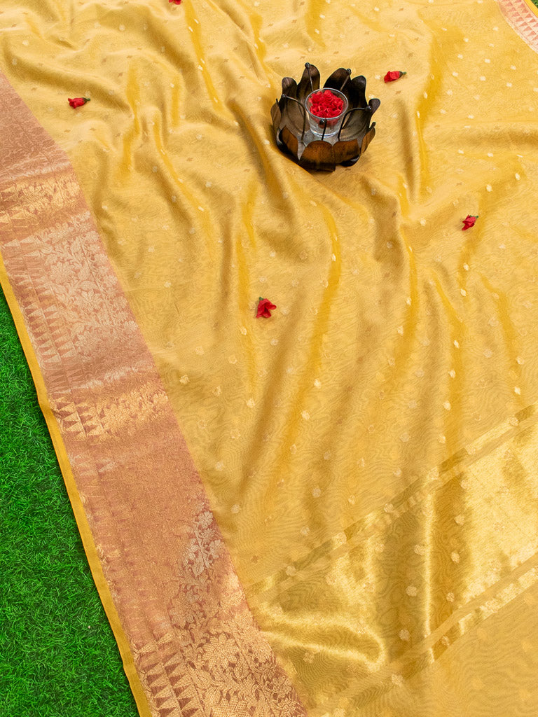 Banarasi Chanderi Cotton Zari Polka Dots Weaving-Yellow