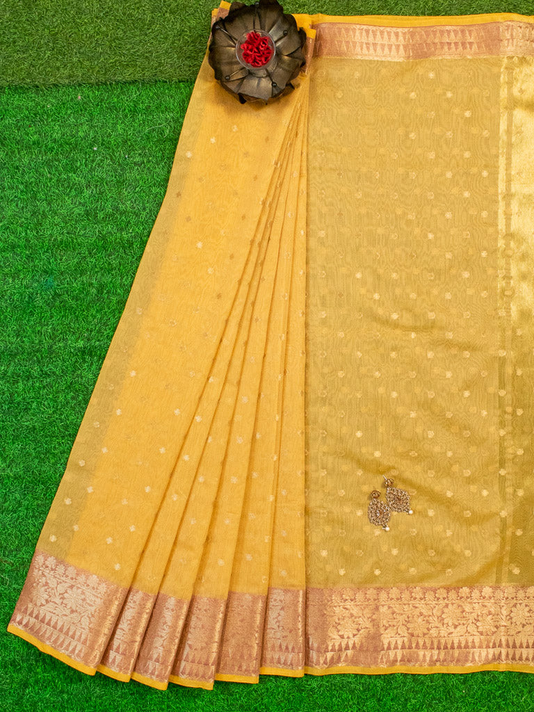 Banarasi Chanderi Cotton Zari Polka Dots Weaving-Yellow