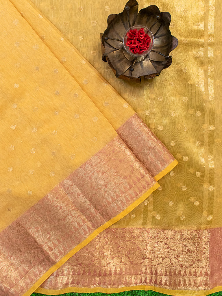 Banarasi Chanderi Cotton Zari Polka Dots Weaving-Yellow