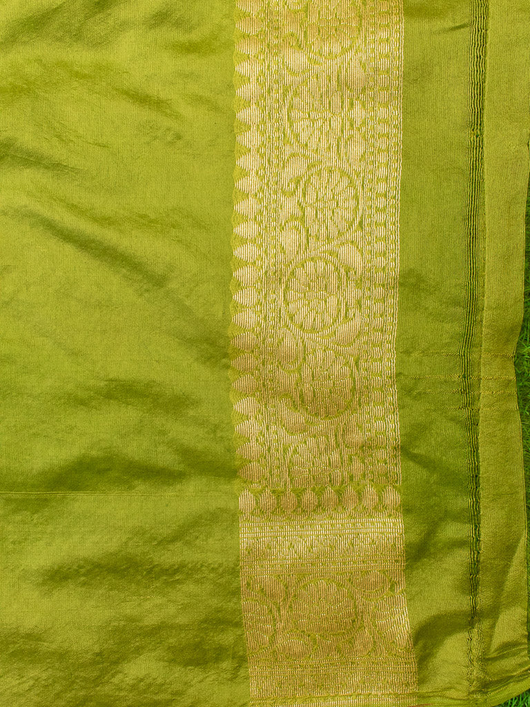 Banarasi Semi Silk Bandhini Saree With Zari Jaal Weaving-Yellow & Green