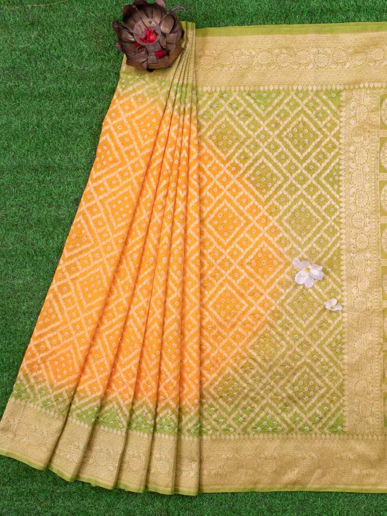 Banarasi Semi Silk Bandhini Saree With Zari Jaal Weaving-Yellow & Green