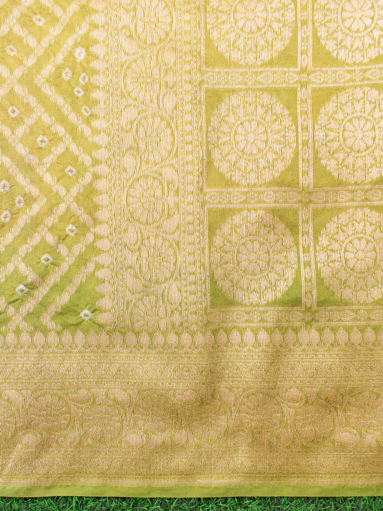 Banarasi Semi Silk Bandhini Saree With Zari Jaal Weaving-Yellow & Green