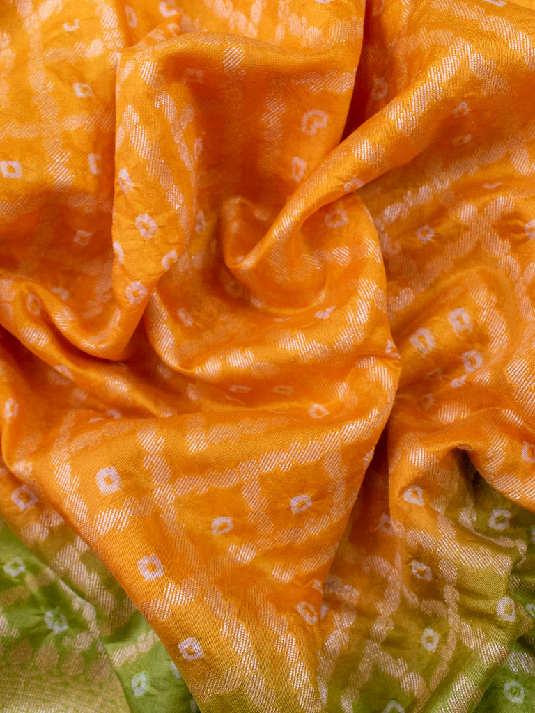 Banarasi Semi Silk Bandhini Saree With Zari Jaal Weaving-Yellow & Green