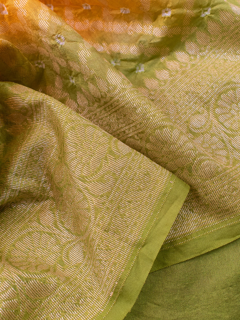 Banarasi Semi Silk Bandhini Saree With Zari Jaal Weaving-Yellow & Green