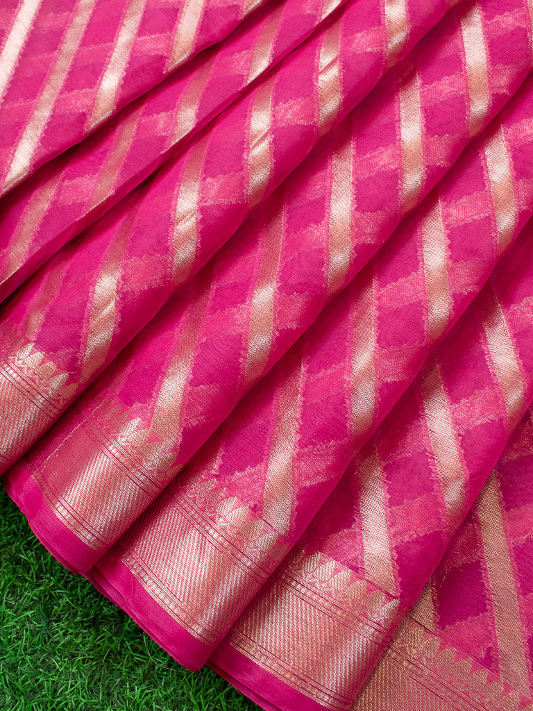 Banarasi Organza Mix Saree With Leheriya Zari Weaving-Pink