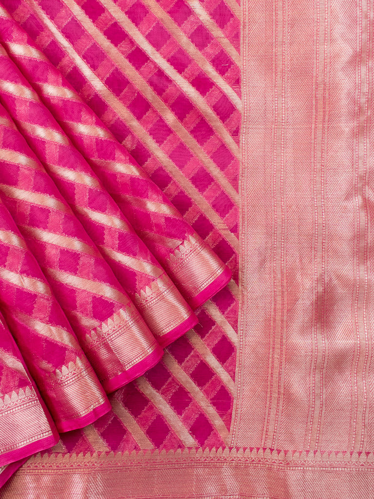 Banarasi Organza Mix Saree With Leheriya Zari Weaving-Pink