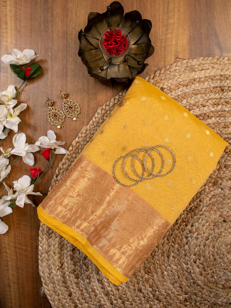 Banarasi Chanderi Cotton Zari Polka Dots Weaving-Yellow