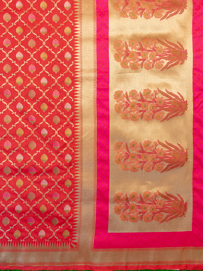 Banarasi Handloom Art Katan Silk Saree With Meena Jaal Weaving-Red