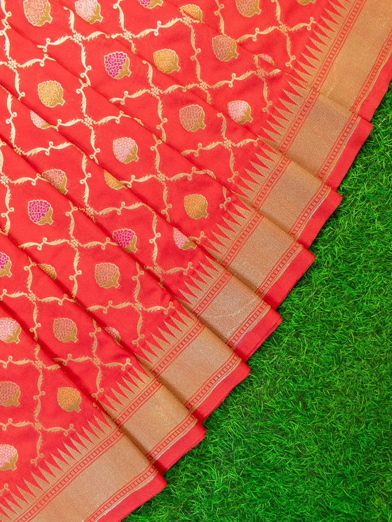 Banarasi Handloom Art Katan Silk Saree With Meena Jaal Weaving-Red