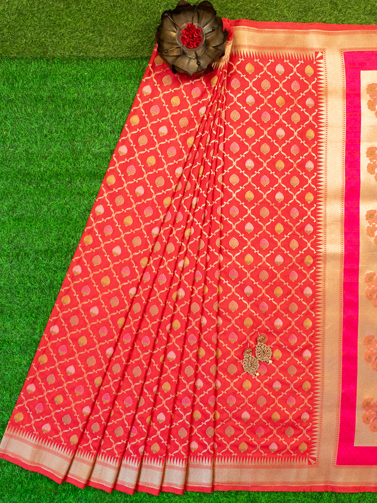 Banarasi Handloom Art Katan Silk Saree With Meena Jaal Weaving-Red