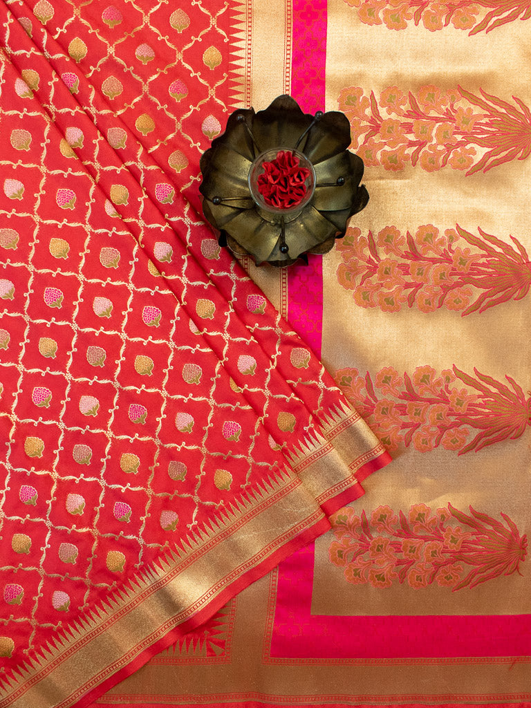 Banarasi Handloom Art Katan Silk Saree With Meena Jaal Weaving-Red