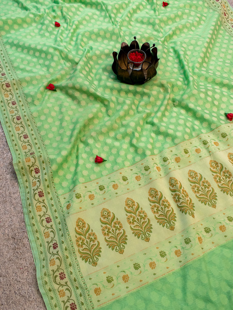 Banarasi Pure Cotton Saree Zari & Resham Buti Weaving-Green