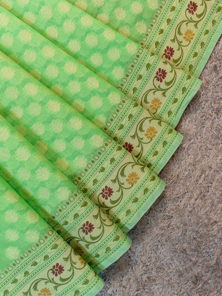 Banarasi Pure Cotton Saree Zari & Resham Buti Weaving-Green