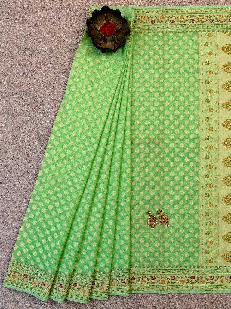 Banarasi Pure Cotton Saree Zari & Resham Buti Weaving-Green