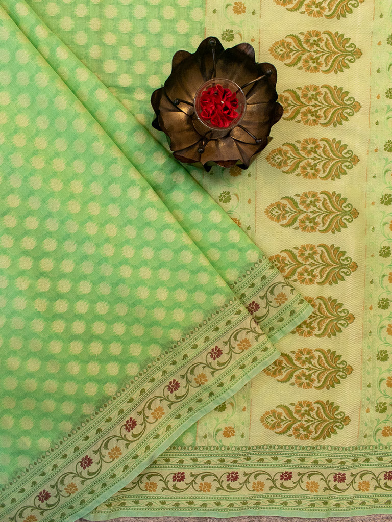 Banarasi Pure Cotton Saree Zari & Resham Buti Weaving-Green