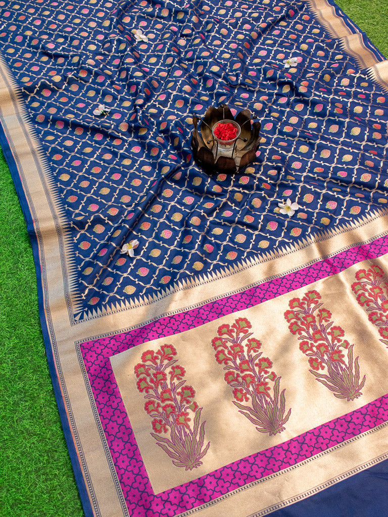 Banarasi Handloom Art Katan Silk Saree With Meena Jaal Weaving-Blue