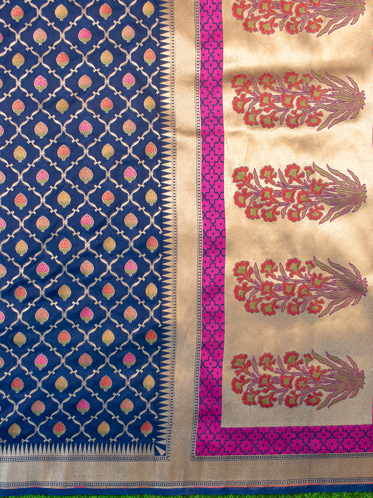 Banarasi Handloom Art Katan Silk Saree With Meena Jaal Weaving-Blue