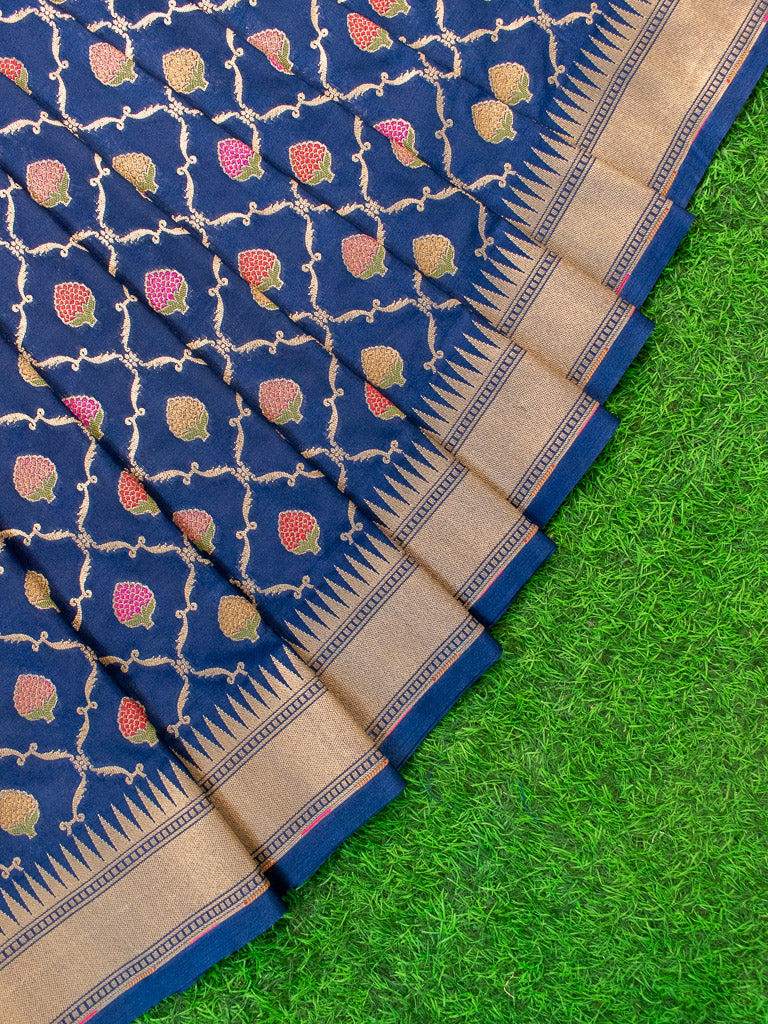 Banarasi Handloom Art Katan Silk Saree With Meena Jaal Weaving-Blue