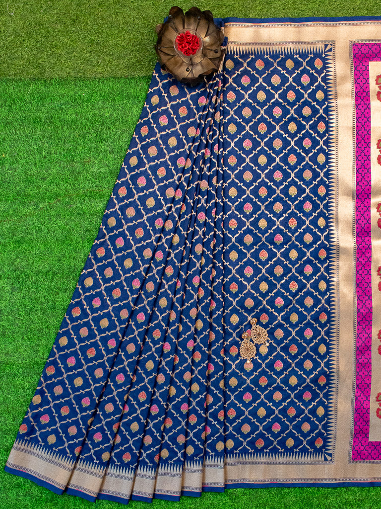 Banarasi Handloom Art Katan Silk Saree With Meena Jaal Weaving-Blue