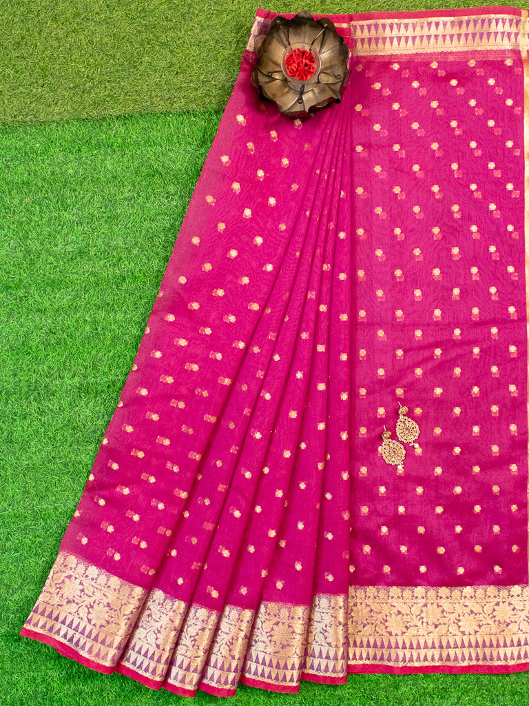 Banarasi Chanderi Cotton Zari Polka Dots Weaving-Magenta