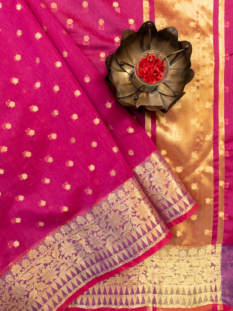 Banarasi Chanderi Cotton Zari Polka Dots Weaving-Magenta