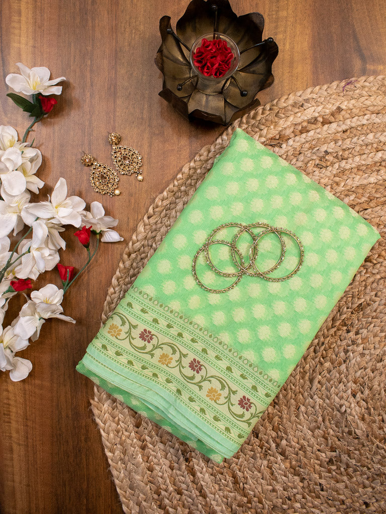 Banarasi Pure Cotton Saree Zari & Resham Buti Weaving-Green