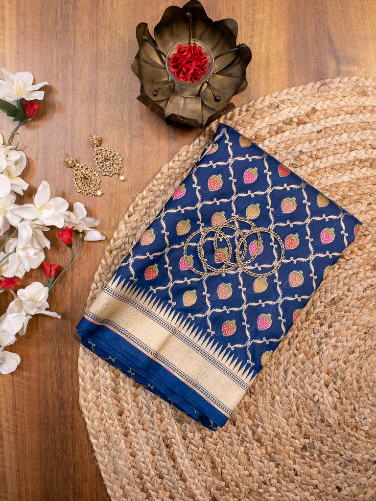 Banarasi Handloom Art Katan Silk Saree With Meena Jaal Weaving-Blue