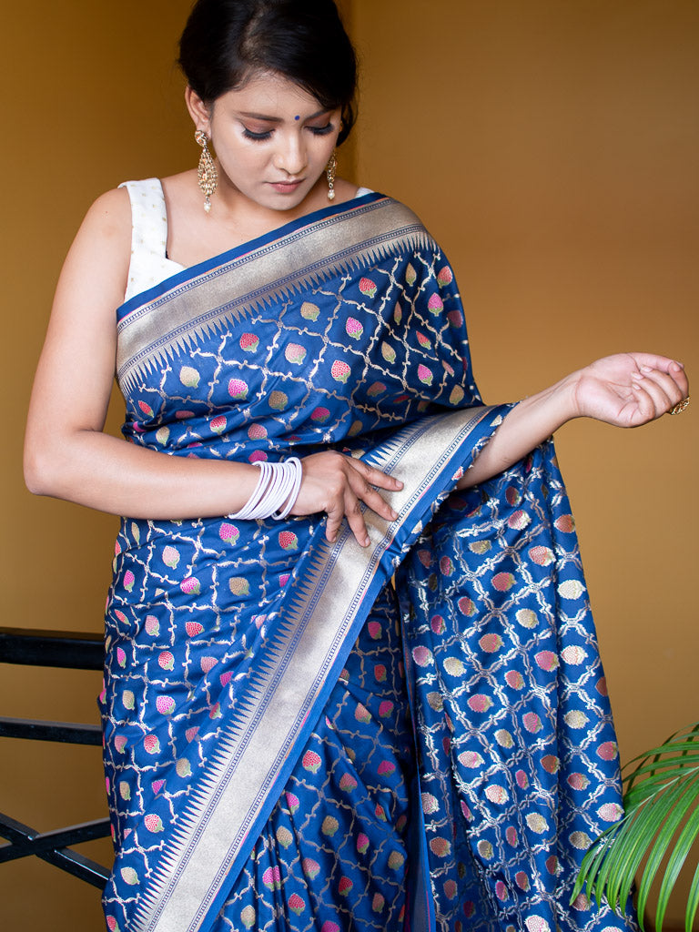Banarasi Handloom Art Katan Silk Saree With Meena Jaal Weaving-Blue