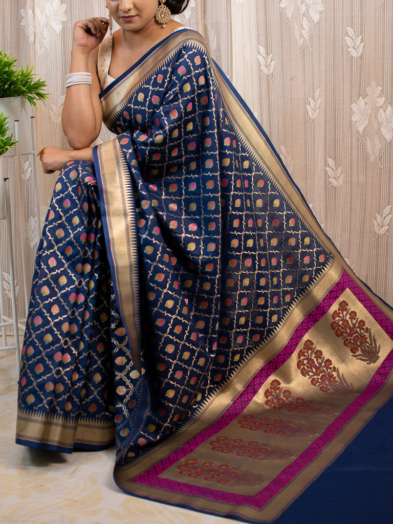 Banarasi Handloom Art Katan Silk Saree With Meena Jaal Weaving-Blue