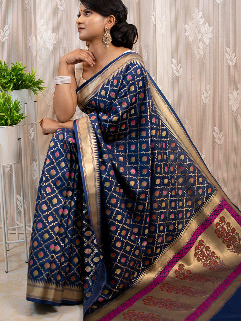 Banarasi Handloom Art Katan Silk Saree With Meena Jaal Weaving-Blue