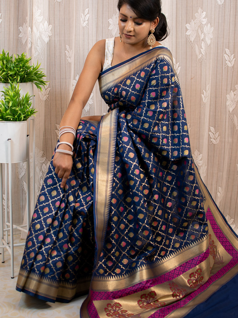 Banarasi Handloom Art Katan Silk Saree With Meena Jaal Weaving-Blue