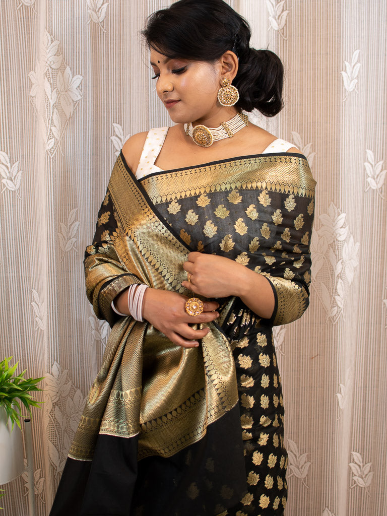 Banarasi Semi Silk Saree With Zari Buti Weaving-Black