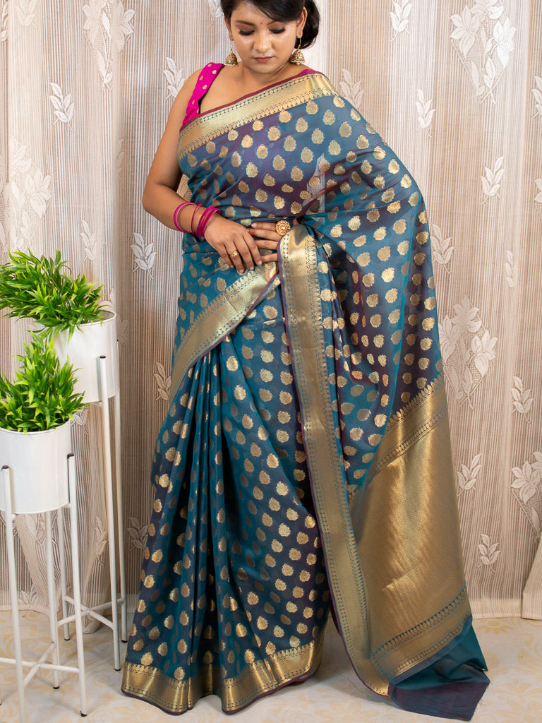 Banarasi Semi Silk Saree With Zari Buti Weaving-Metallic Blue