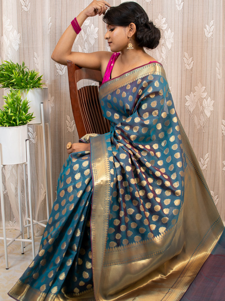 Banarasi Semi Silk Saree With Zari Buti Weaving-Metallic Blue