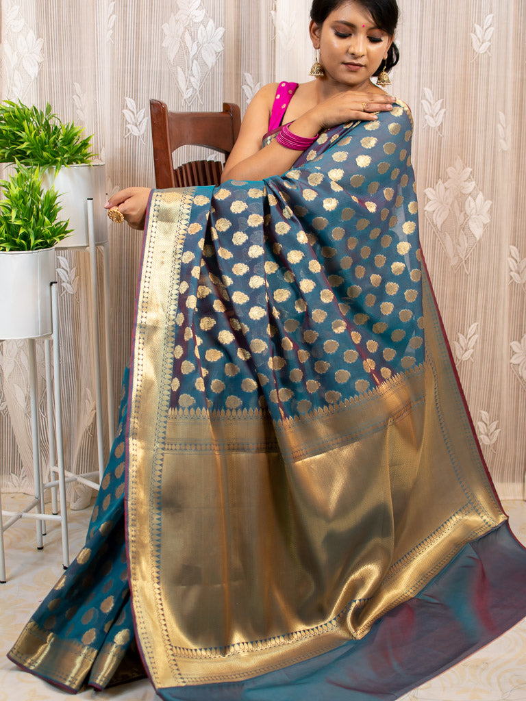 Banarasi Semi Silk Saree With Zari Buti Weaving-Metallic Blue