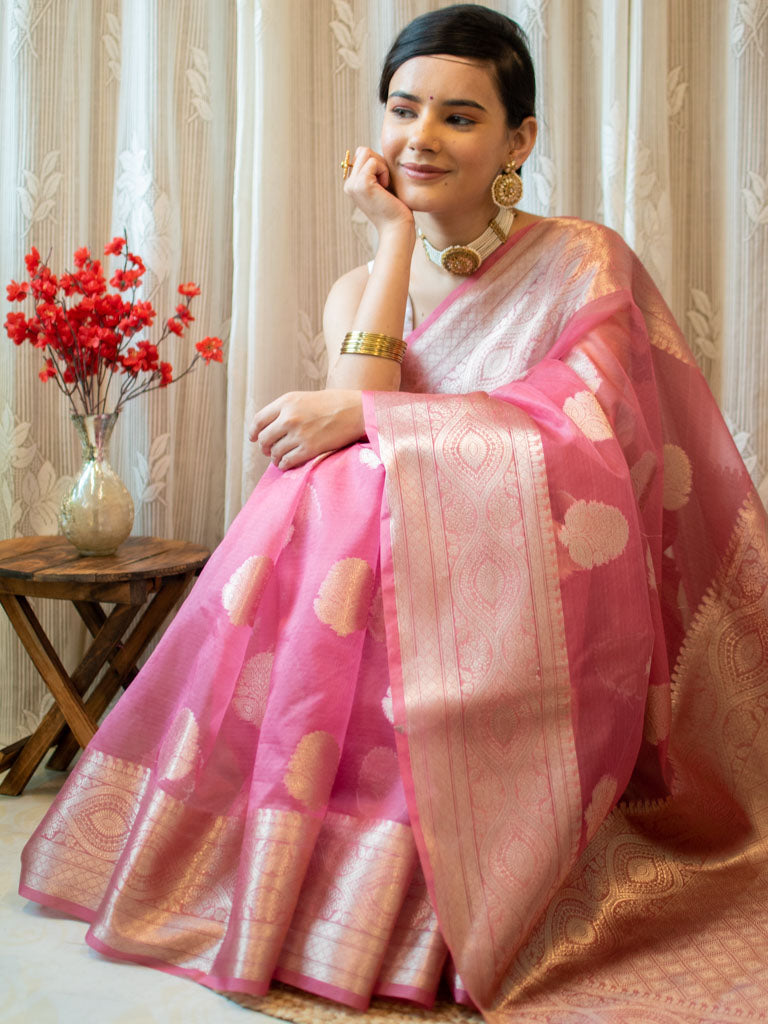 Banarasi organza Buta Saree With Zari Weaving-Pink