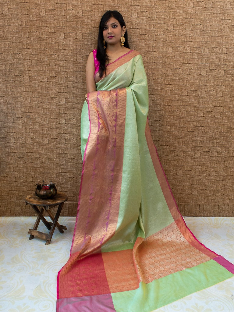 Banarasi Kora Muslin Saree With Tanchoi Weaving & Contrast Border-Mint Green