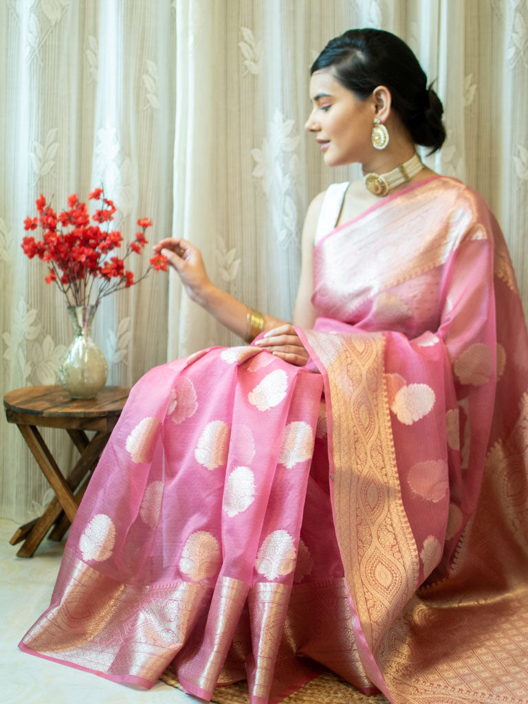 Banarasi organza Buta Saree With Zari Weaving-Pink