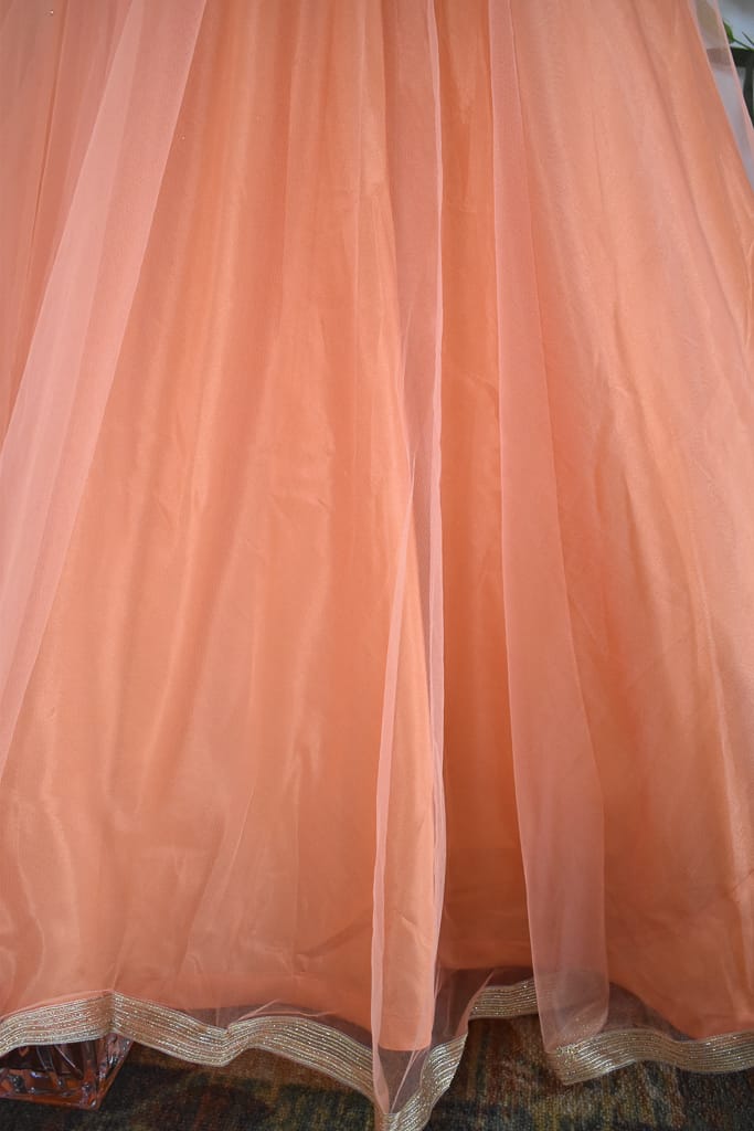 Banarasi Stitched Net Lehenga & Brocade Blouse Fabric With Net Dupatta-Peach