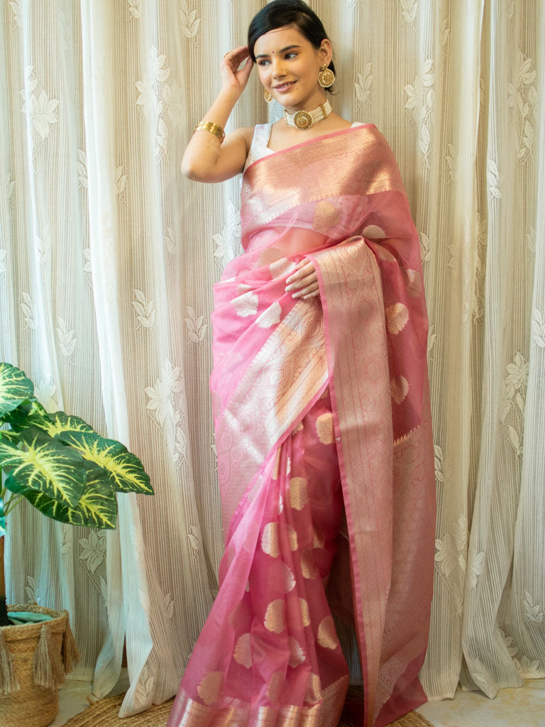 Banarasi organza Buta Saree With Zari Weaving-Pink