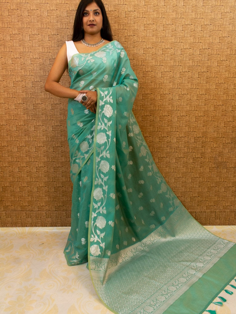 Banarasi Kora Saree With Silver Zari Buti Weaving & Floral Border-Blue