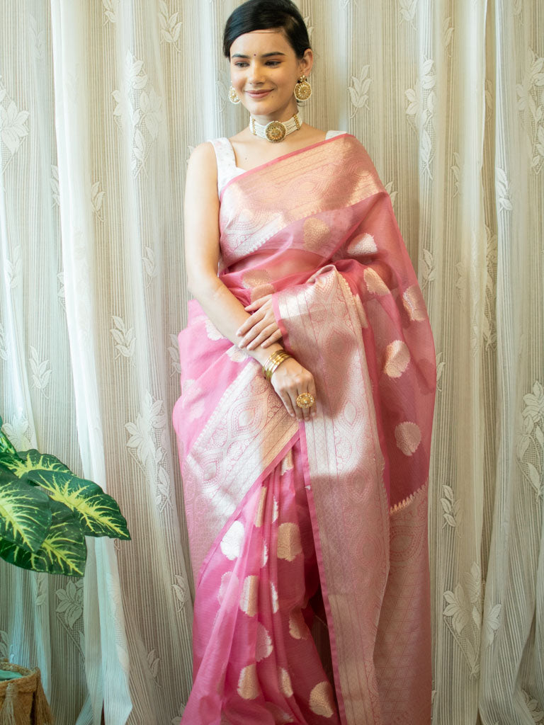 Banarasi organza Buta Saree With Zari Weaving-Pink
